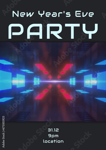 New year's eve party text in white and tunnel of red and blue lights on black background