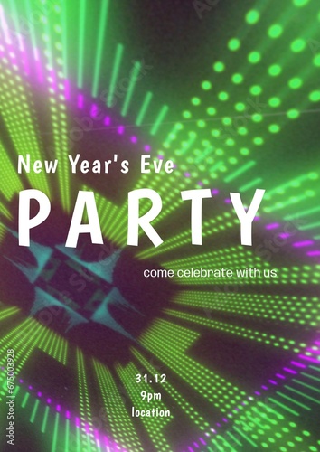 New year's eve party come celebrate with us text in white over green and purple lights
