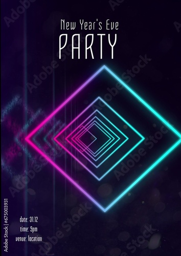 New year's eve party text in white with glowing blue and pink concentric diamond shapes on black