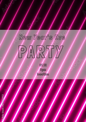 New year's eve party text in black on translucent band over pink neon diagonal lines on black