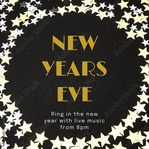Illustration of new years eve, ring in the new year with live music from 8pm text with stars