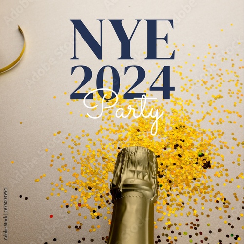 Composite of nye 2024 party text over champagne bottle and confetti on white background
