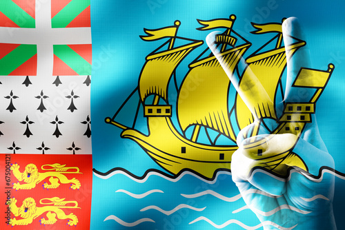 Saint Pierre and Miquelon - two fingers showing peace sign and national flag