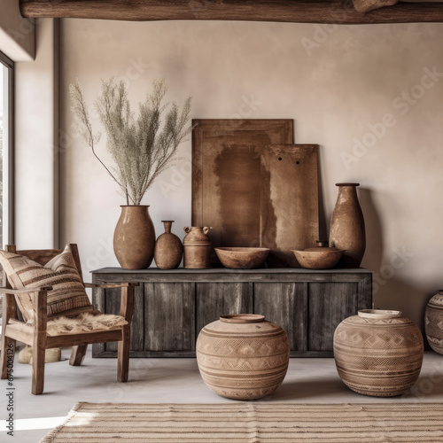  Rustic living room with earth-toned vases 
