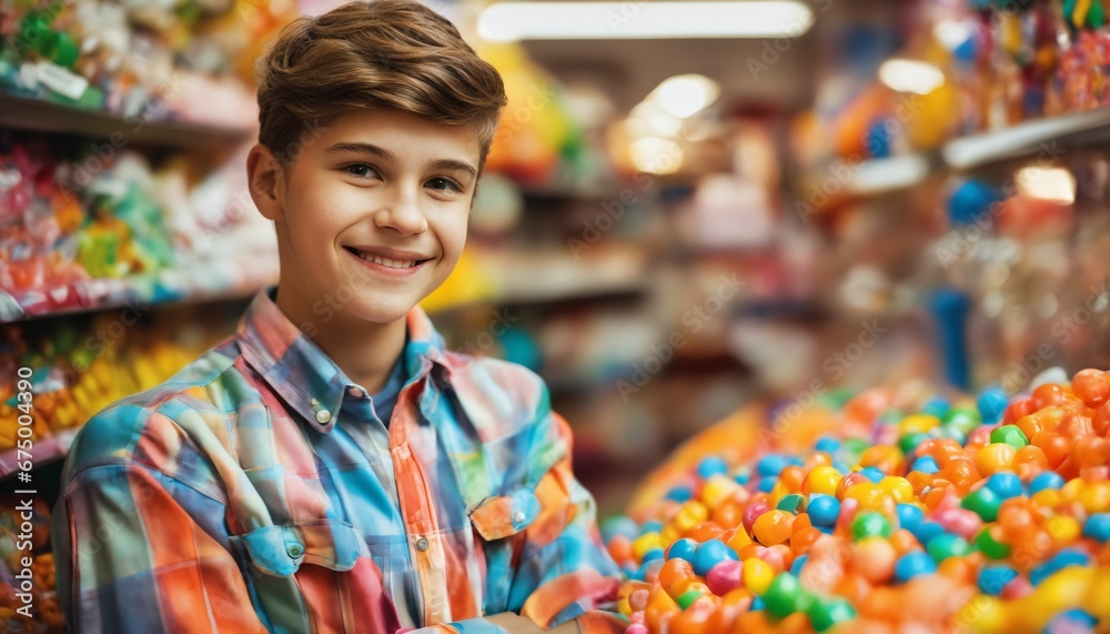Smiling young teenager wearing bright clothes in a sweet store portrait