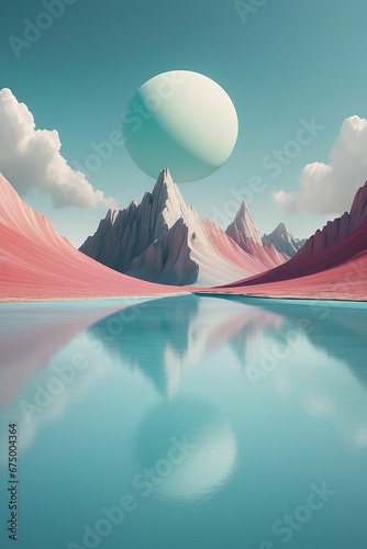 AI generated illustration of a planet and rocky pink mountains reflecting on a lake photo