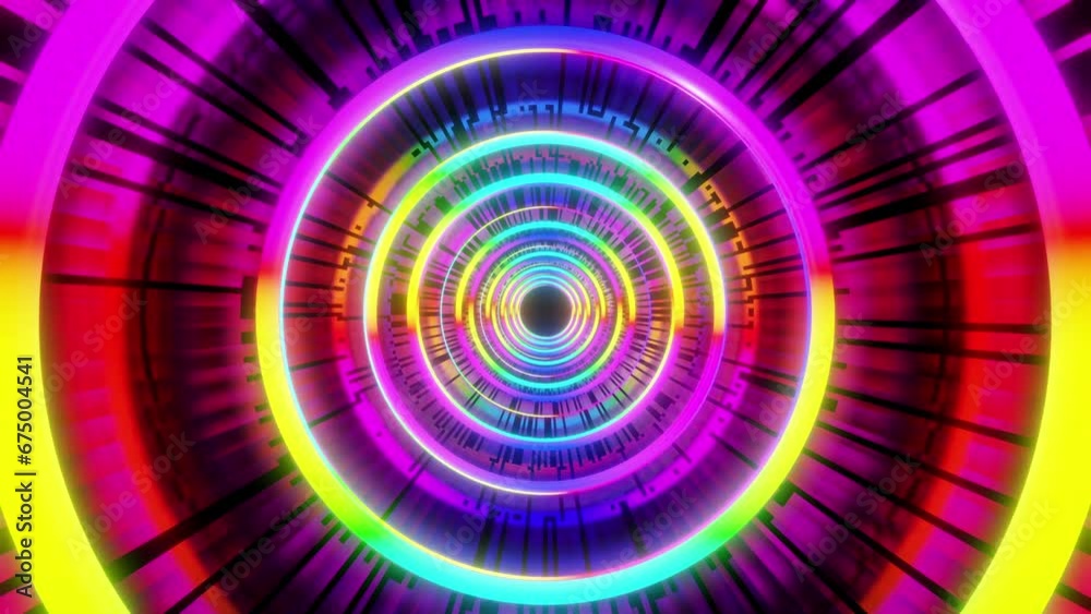 3D abstract of circles shape tunnel with colorful glowing neon lights rotating in seamless pattern