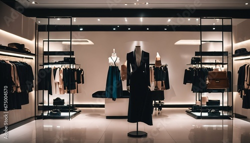 Women’s clothing and accessories in a luxury fashion store interior photo