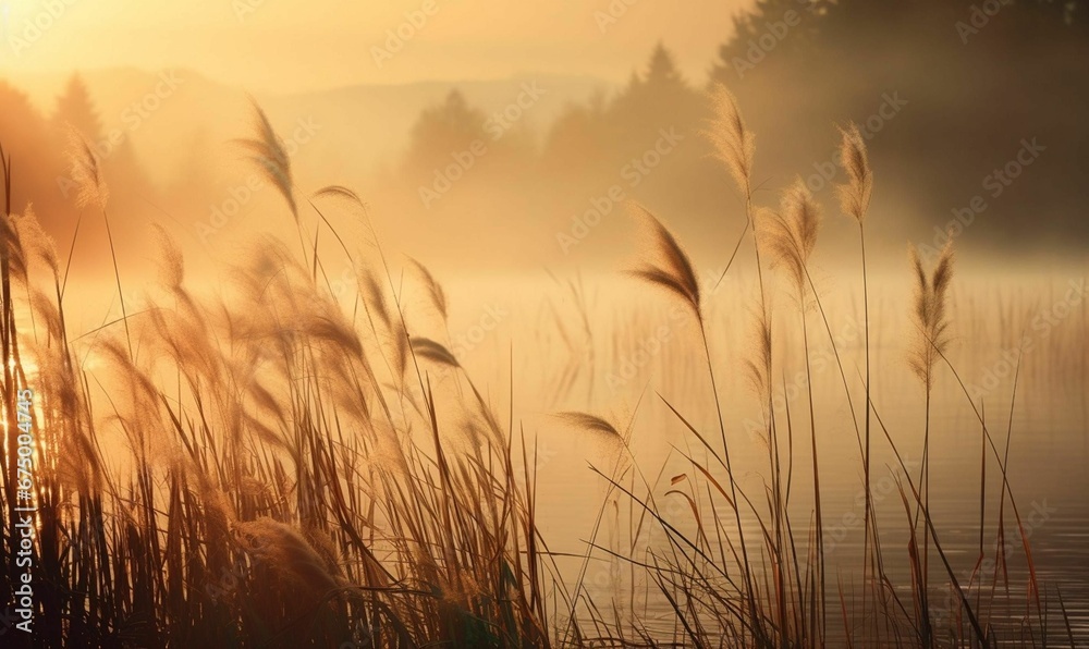 Naklejka premium AI generated illustration of Serene landscape of a beach shoreline at sunset
