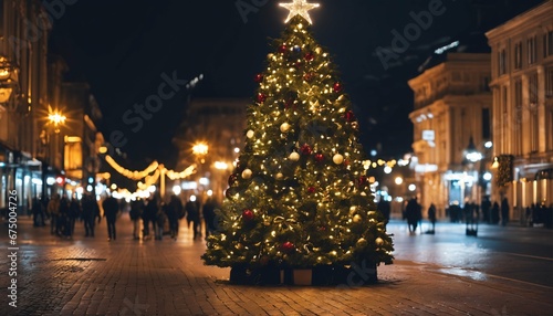 Christmas tree lights illuminating an urban street scene for a festive concept theme