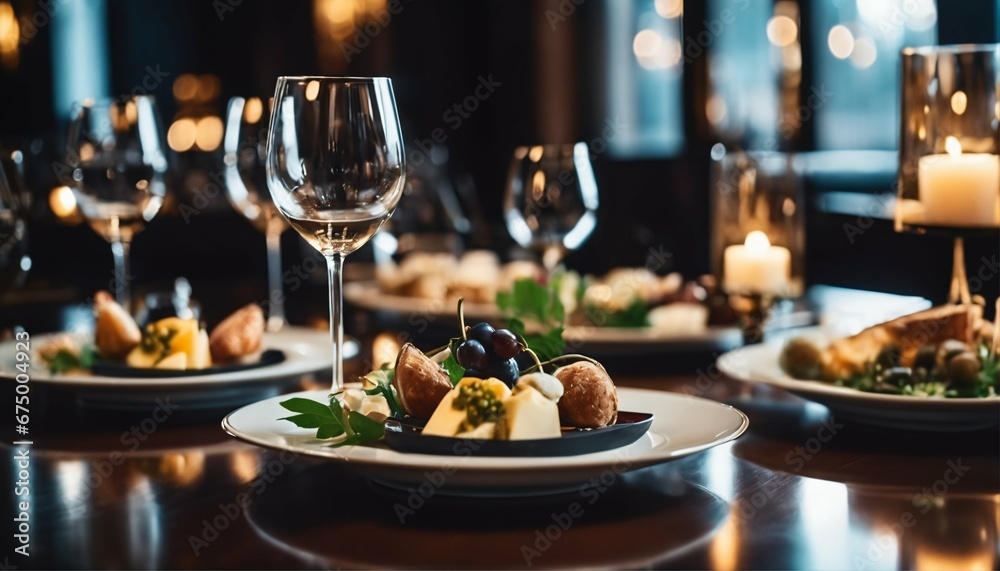 Elegant restaurant table with wine glass and appetizers in a soft light and romantic atmosphere for wedding dinner service