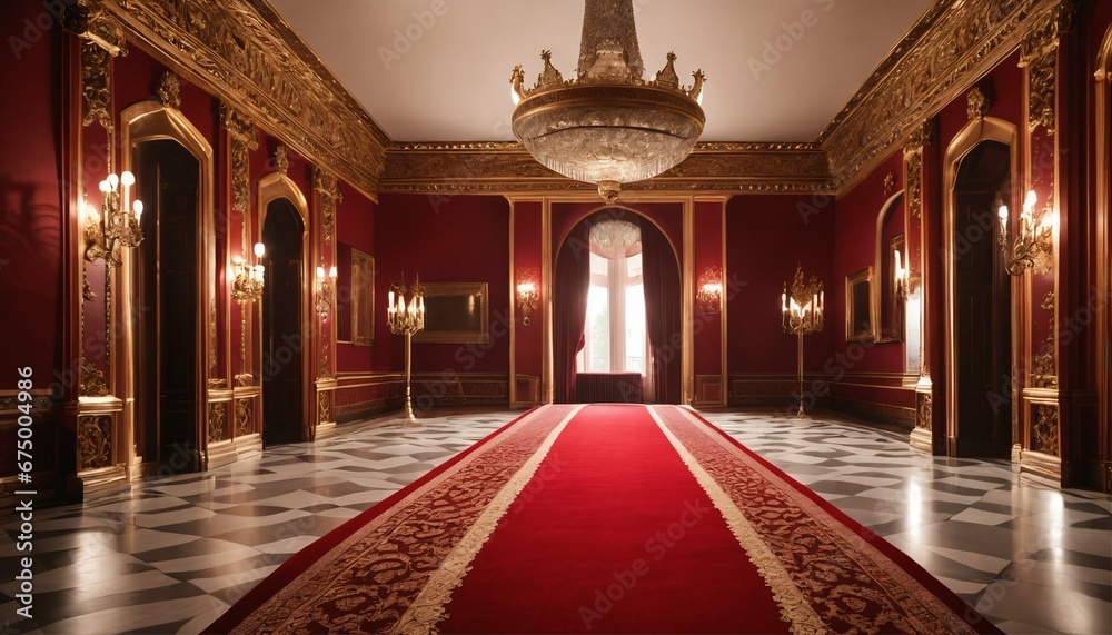 Red carpet pathway to thrones inside a luxurious palace castle - Fit for a king
