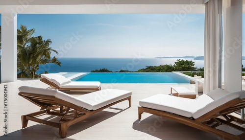 Sea view from sunbed on sundeck - luxury beach hotel with pool - Ideal for vacation home or hotel stay © ibreakstock