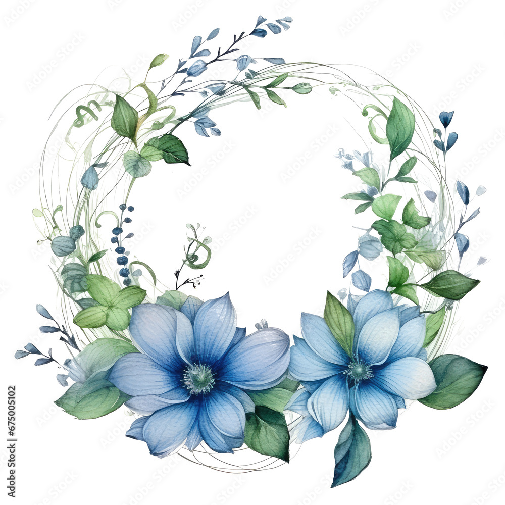 watercolor floral frame with blue flowers and leaves isolated on transparent background