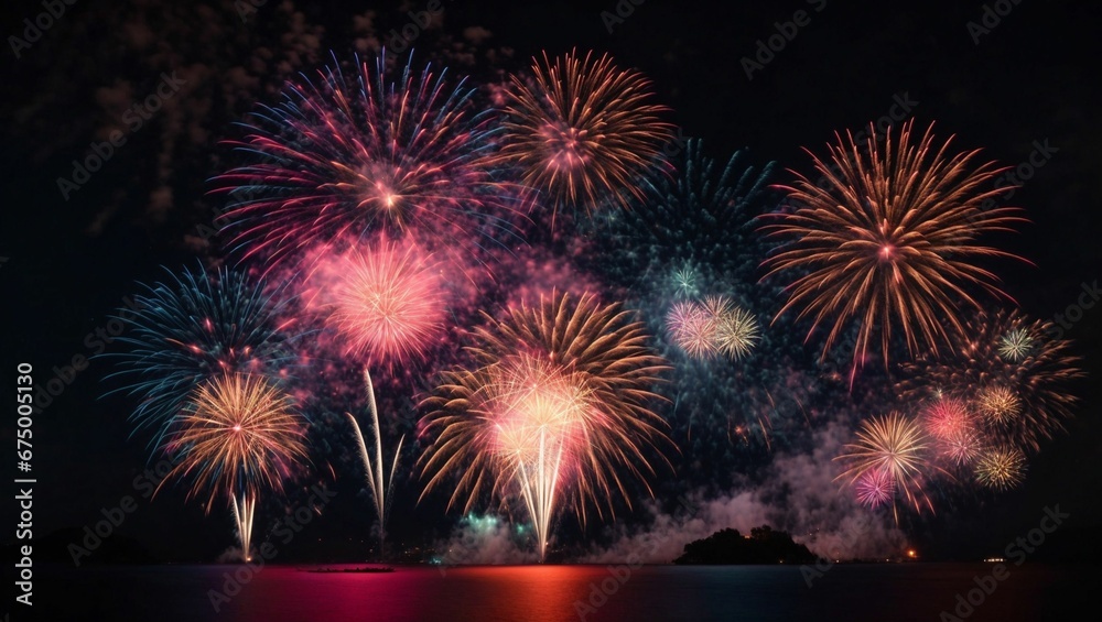 fireworks in the sky above a river with a boat on it fireworks in the sky above a river with a boat on it