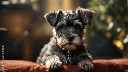 a grey and black dog sitting on a red pillow on a couch