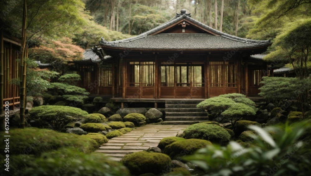 an asian style building is surrounded by trees and bushes,