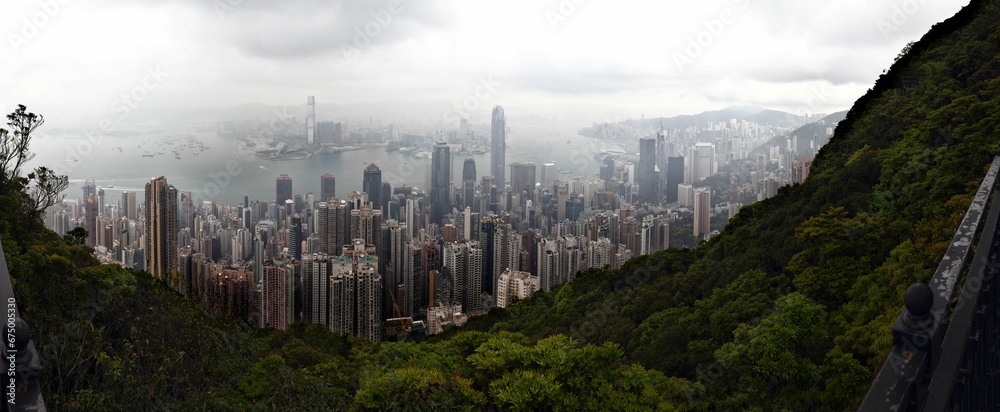 Skyline of Hong Kong on a cloudy day.