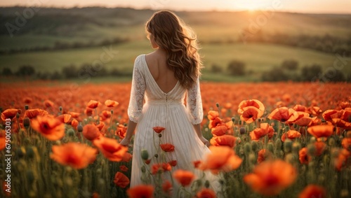 woman in white dress standing in field with flowers at sunset