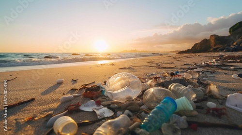 Plastic litter washed up onto the sand of the beach during sunset