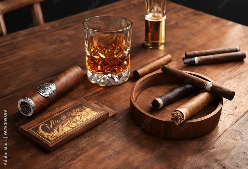 AI generated illustration of A selection of cigars arranged on a wooden table,accompanied by a glass