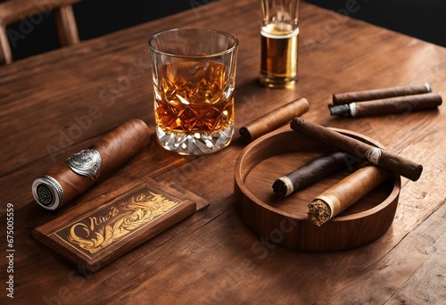 AI generated illustration of A selection of cigars arranged on a wooden table,accompanied by a glass