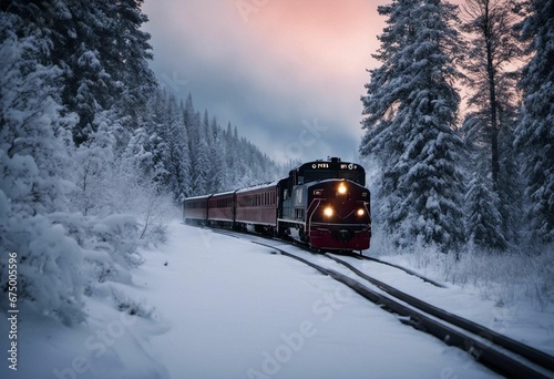 AI generated illustration of a train traveling through a picturesque winter landscape