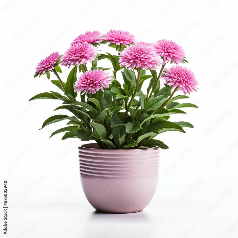 Pot of vibrant pink chrysanthemums isolated on a white background. AI-generated. Pot of vibrant pink chrysanthemums isolated on a white background. AI-generated.