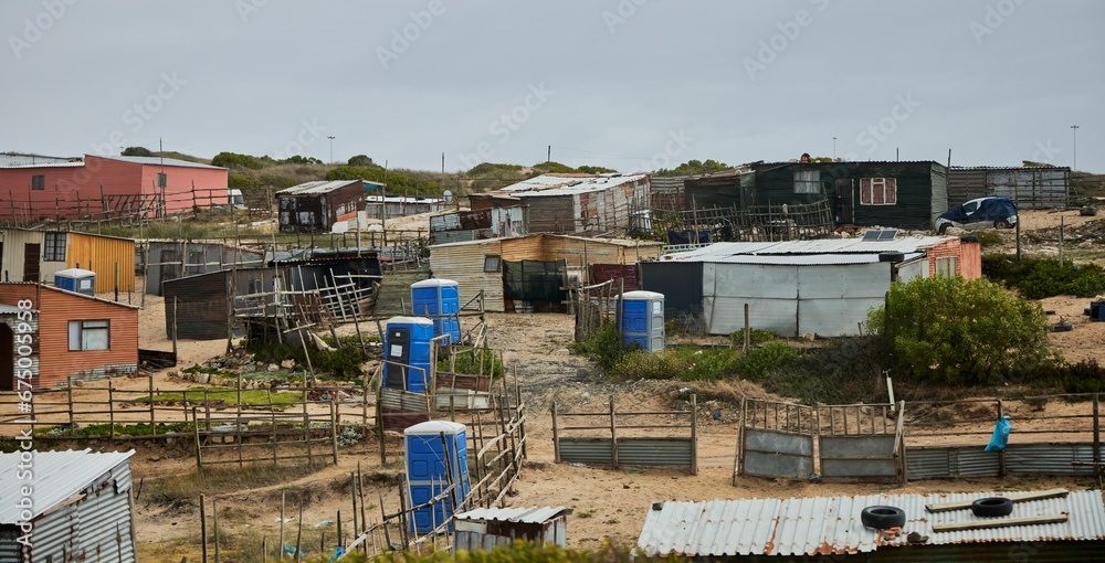 Fototapeta premium Residential area with old houses in Khayelitsha. Western Cape, South Africa.