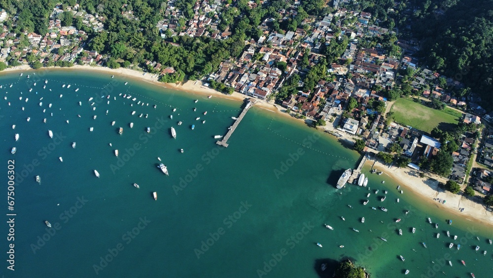 Aerial view of a tropical island and secluded bay in Ilha Grande, Rio de Janeiro