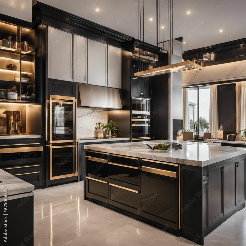 a beautiful modern kitchen with black cabinets and marble countertops ...