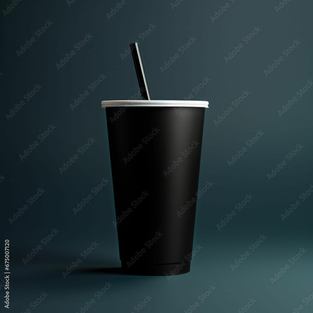 a black cup with a straw, against a dark green background a black cup with a straw, against a dark green background