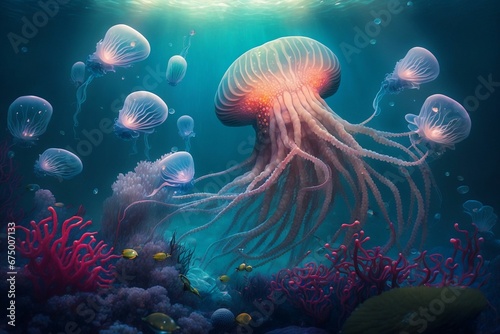 AI generated illustration of a vibrant coral reef populated with jellyfish © Wirestock