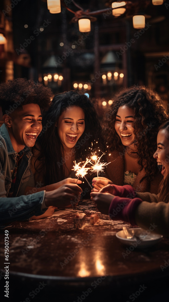friends inclusion of different ethnicities with sparklers at the New Year's Eve night celebration wishing vertical friends inclusion of different ethnicities with sparklers at the New Year's Eve night celebration wishing vertical