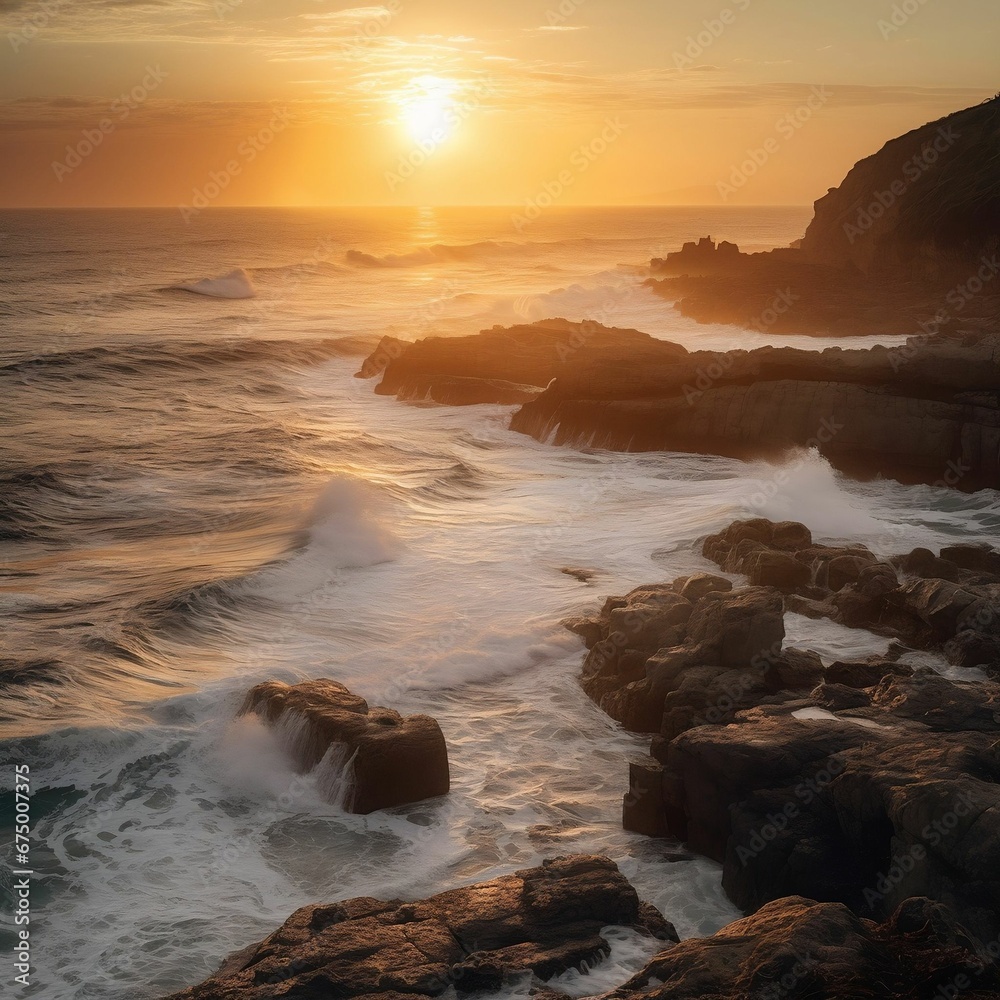 Obraz premium AI generated illustration of A vibrant sunset casting its warm light over a rocky coastline