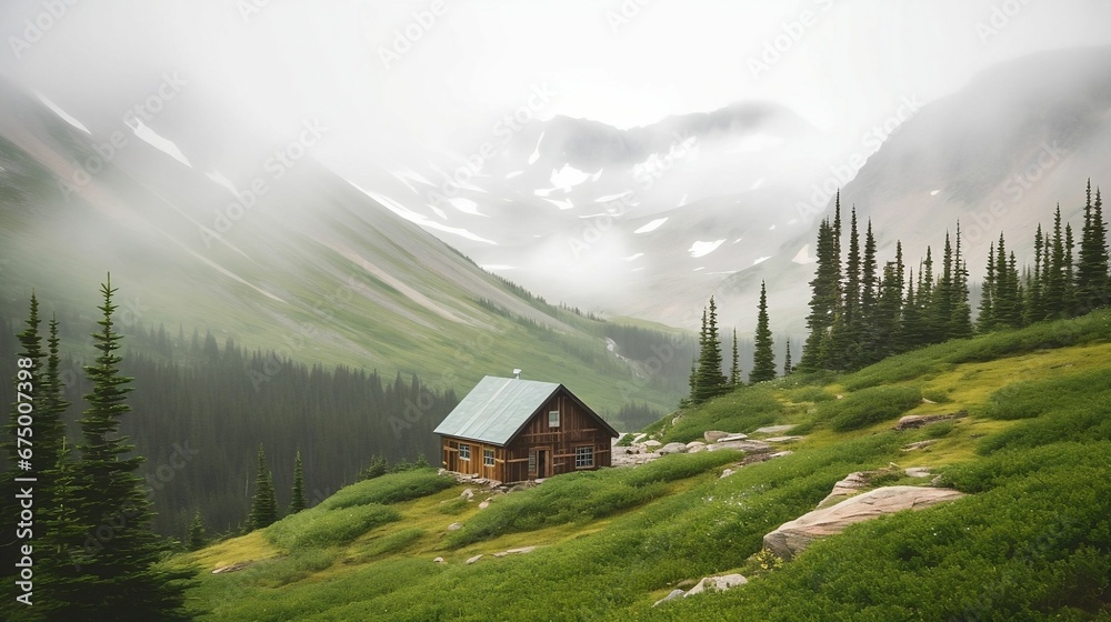 AI generated illustration of an idyllic scene of a quaint cabin nestled in the picturesque mountain