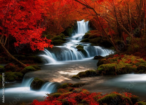 AI generated illustration of a majestic waterfall cascading through a vibrant autumn forest