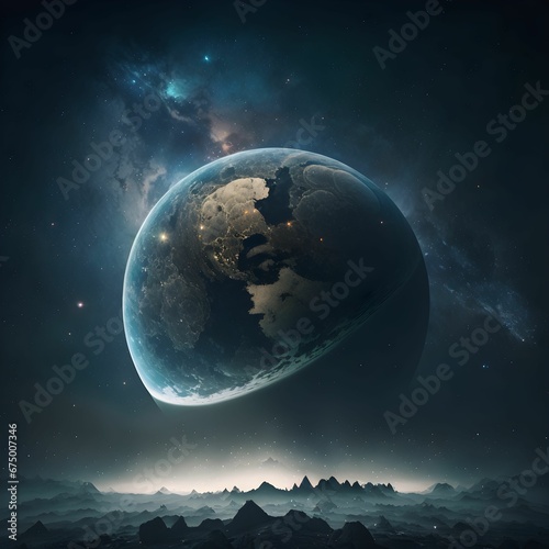 Fototapeta Naklejka Na Ścianę i Meble -  AI generated illustration of the earth floating in a nebula sky over a planet