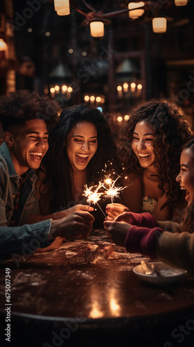 friends inclusion of different ethnicities with sparklers at the New Year's Eve night celebration wishing vertical