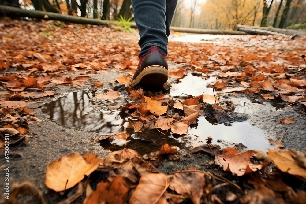 AI generated illustration of A man walking , autumnal leaves on the ground AI generated illustration of A man walking , autumnal leaves on the ground