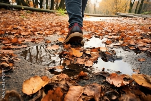 AI generated illustration of A man walking , autumnal leaves on the ground