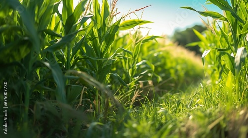 AI generated illustration of lush green cornfield illuminated by a golden sun