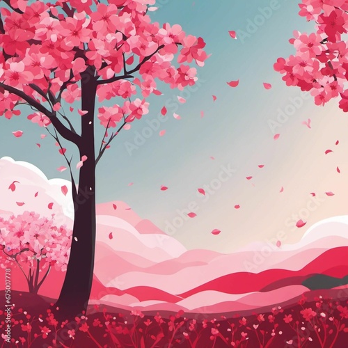 AI generated illustration of a picturesque spring landscape, with blooming trees and mountains © Wirestock