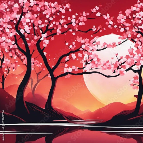 AI generated illustration of red blossoming trees at susnet © Wirestock