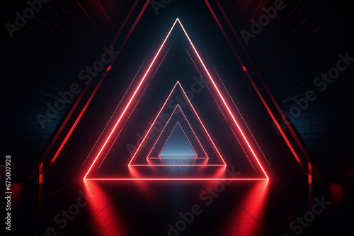 3d render. Geometric figure in neon light against a dark tunnel. Laser glow. Neon backgrounds