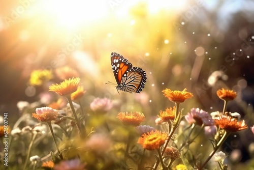 AI generated butterfly flying over flowers © Wirestock