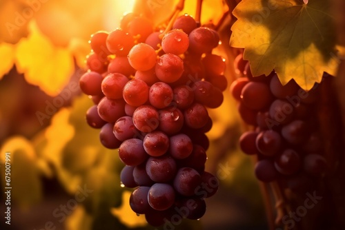 AI generated illustration of A close-up of fresh red grapes hanging from a lush tree on a sunny day