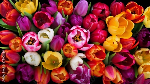 AI generated illustration of a vibrant array of multicolored tulips arranged artfully