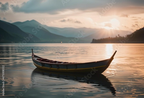 vessel sailing on the tranquil surface of a lake with a magnificent sunset in the background