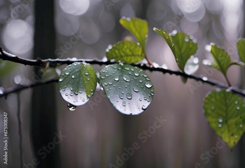 AI generated illustration of a thin branch with green leaves with water droplets